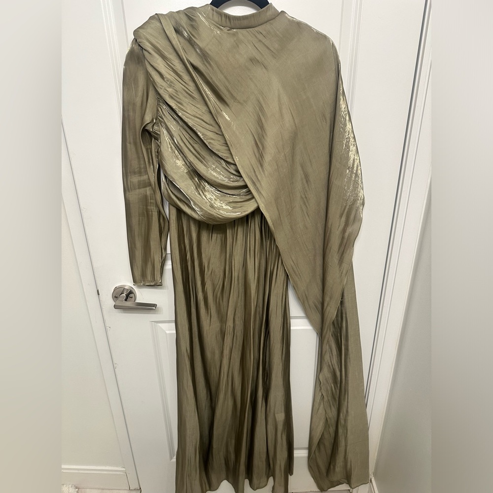 Satin Olive Green Draped Maxi Dress